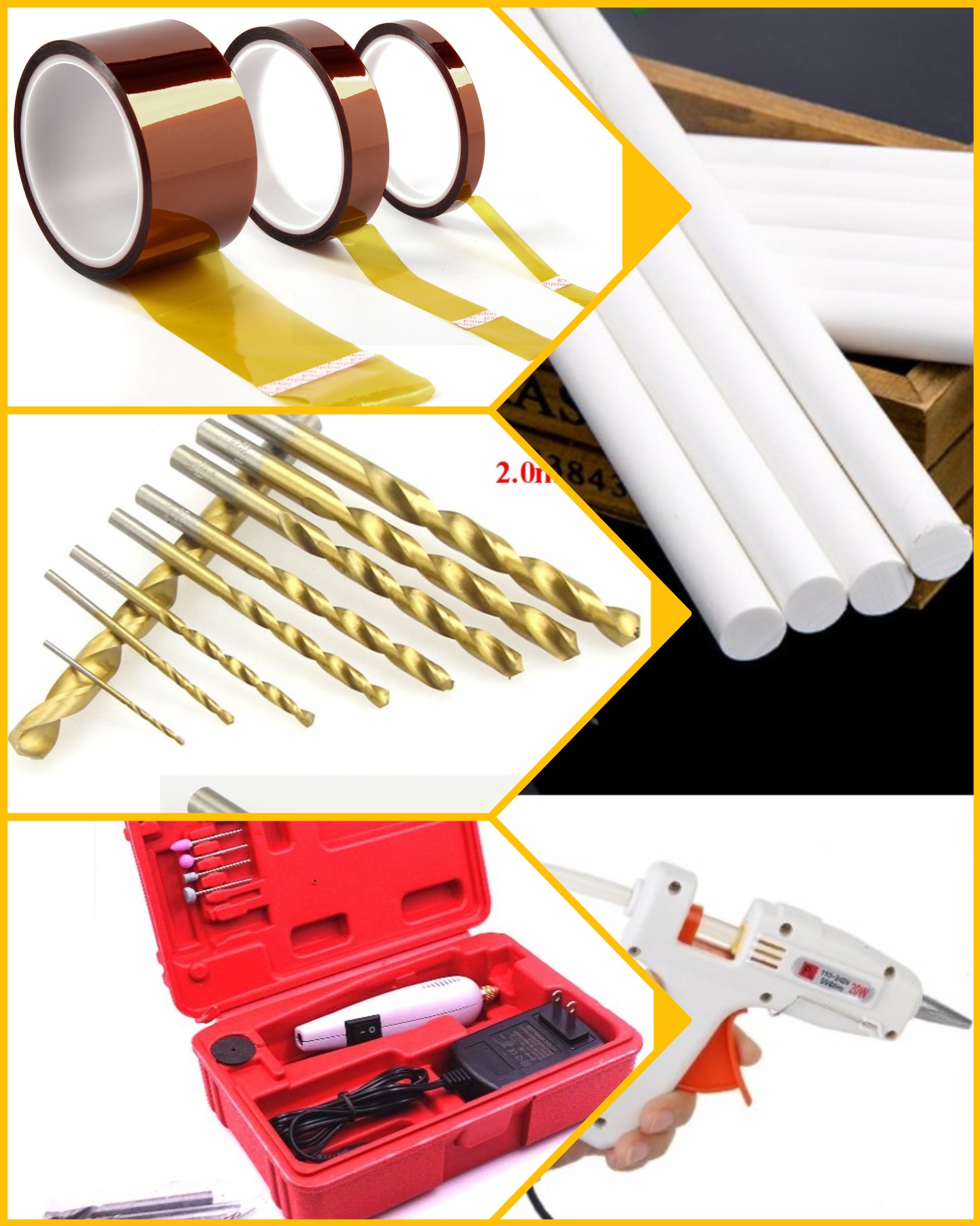 Blower, drill, glue, tape